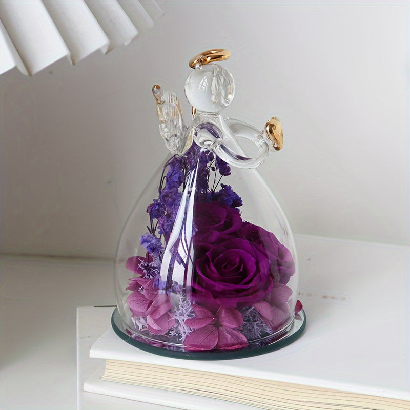 Eternal Red Roses in Glass Dome, 10.21cm x 7.49cm, Angel Statue with Red Roses, Romantic Valentine's Day, Christmas, Thanksgiving, Mother's Day, Graduation Gift, Love, Forever Flower Display, Home Decor
