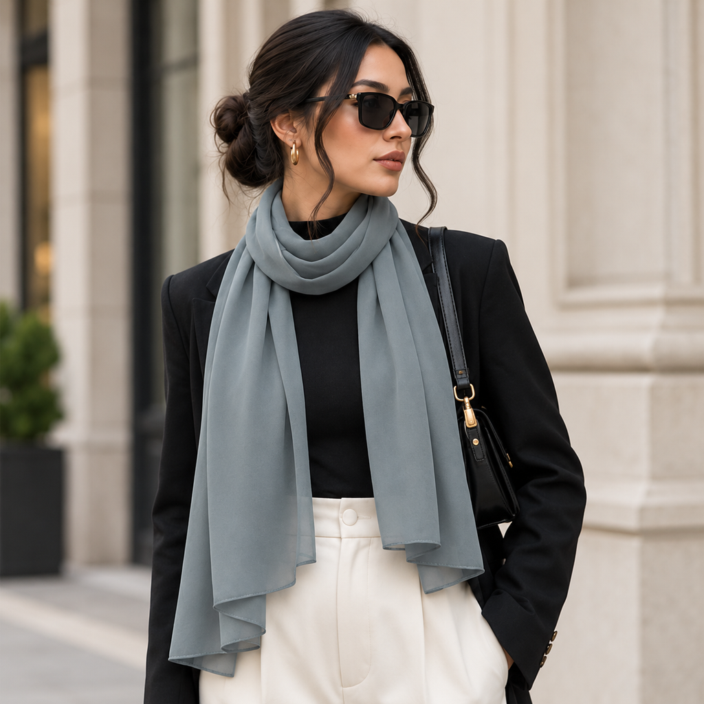 Women Elegant Slate Blue Grey Georgette Scarf Lightweight Soft Hijab Wrap