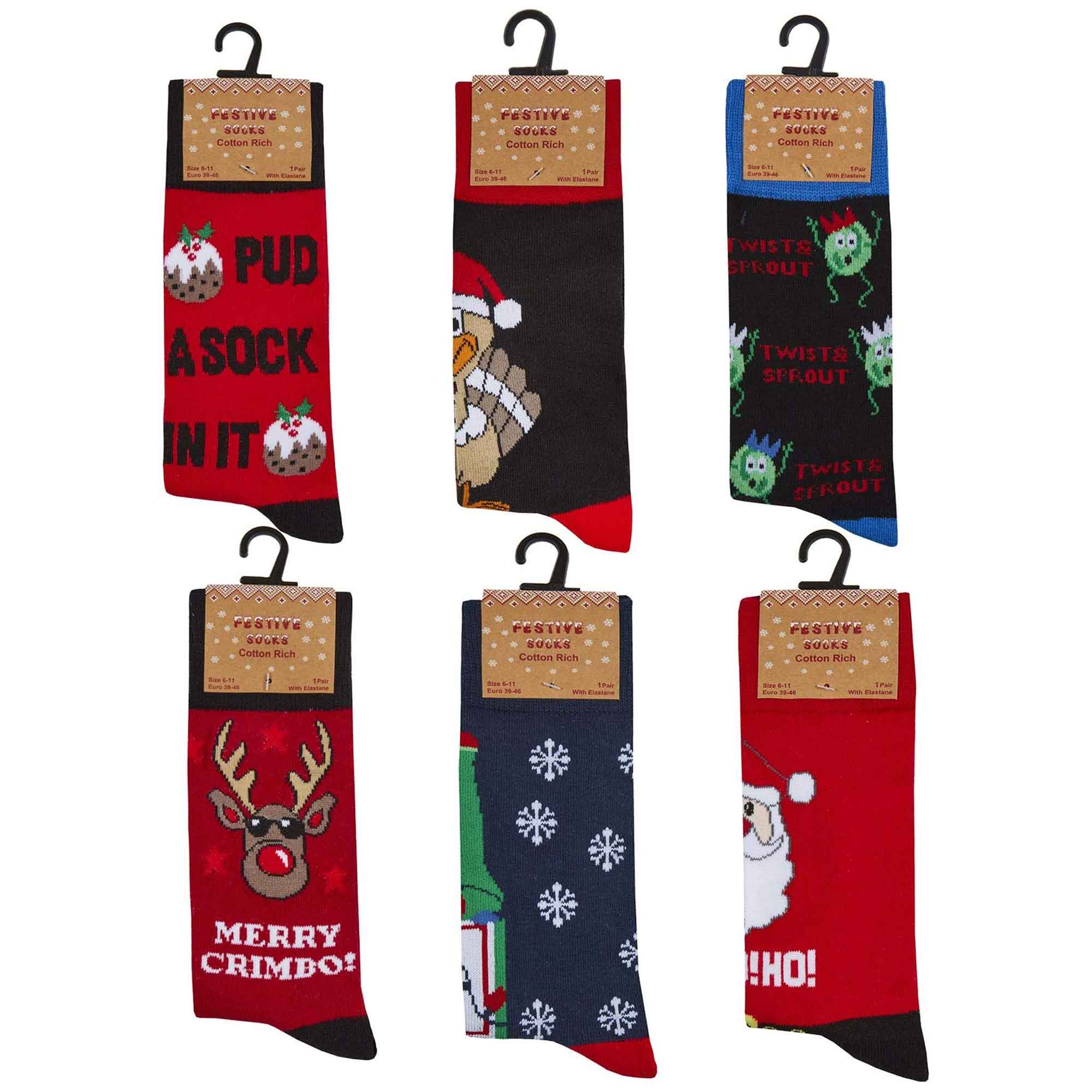 Sock Stack Men's Christmas Socks Pack Of 6 Pairs Cotton Rich Festive Novelty Santa