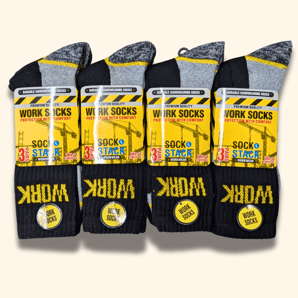 Sock Stack Men's Heavy Duty Work Socks 12 Pairs Cushion Sole Reinforced Toe Heel Black Breathable Cotton Rich Everyday Pack