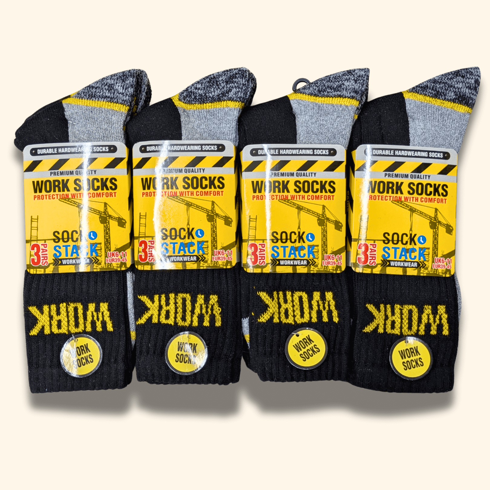 Sock Stack Men's Heavy Duty Work Socks 12 Pairs Cushion Sole Reinforced Toe Heel Black Breathable Cotton Rich Everyday Pack