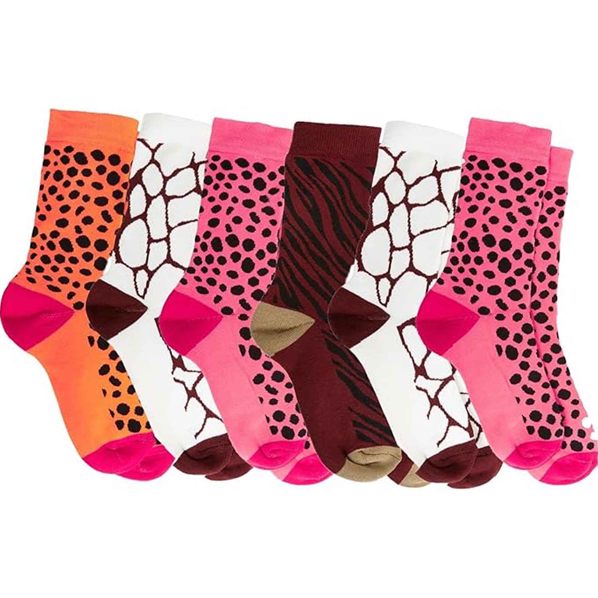 Sock Stack 6 Pack Women's Cotton Rich Animal Print Boot Socks With Reinforced Heel UK 4-7