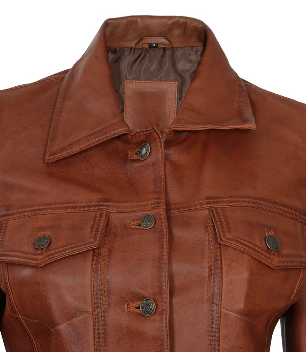 Women's Brown Leather Button-Front Trucker