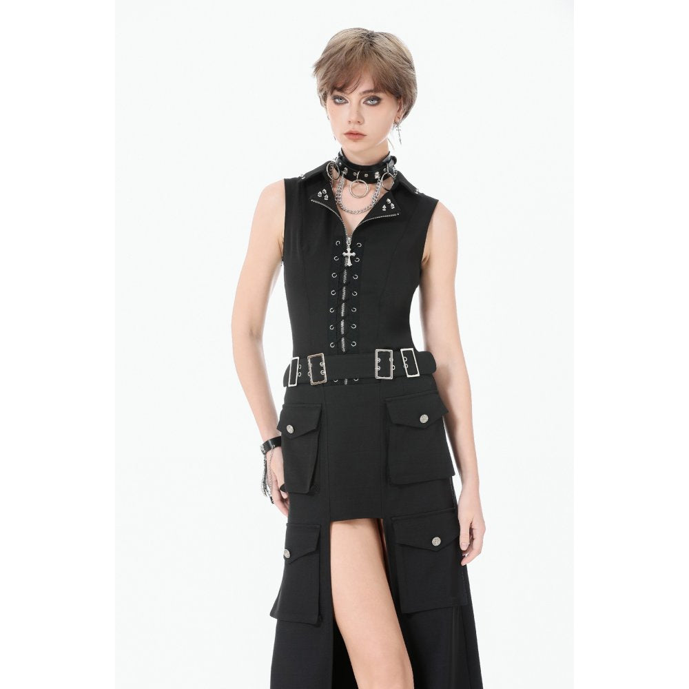 Dark in Love Punk Layered Pocket Cutout Belted Long Skirt