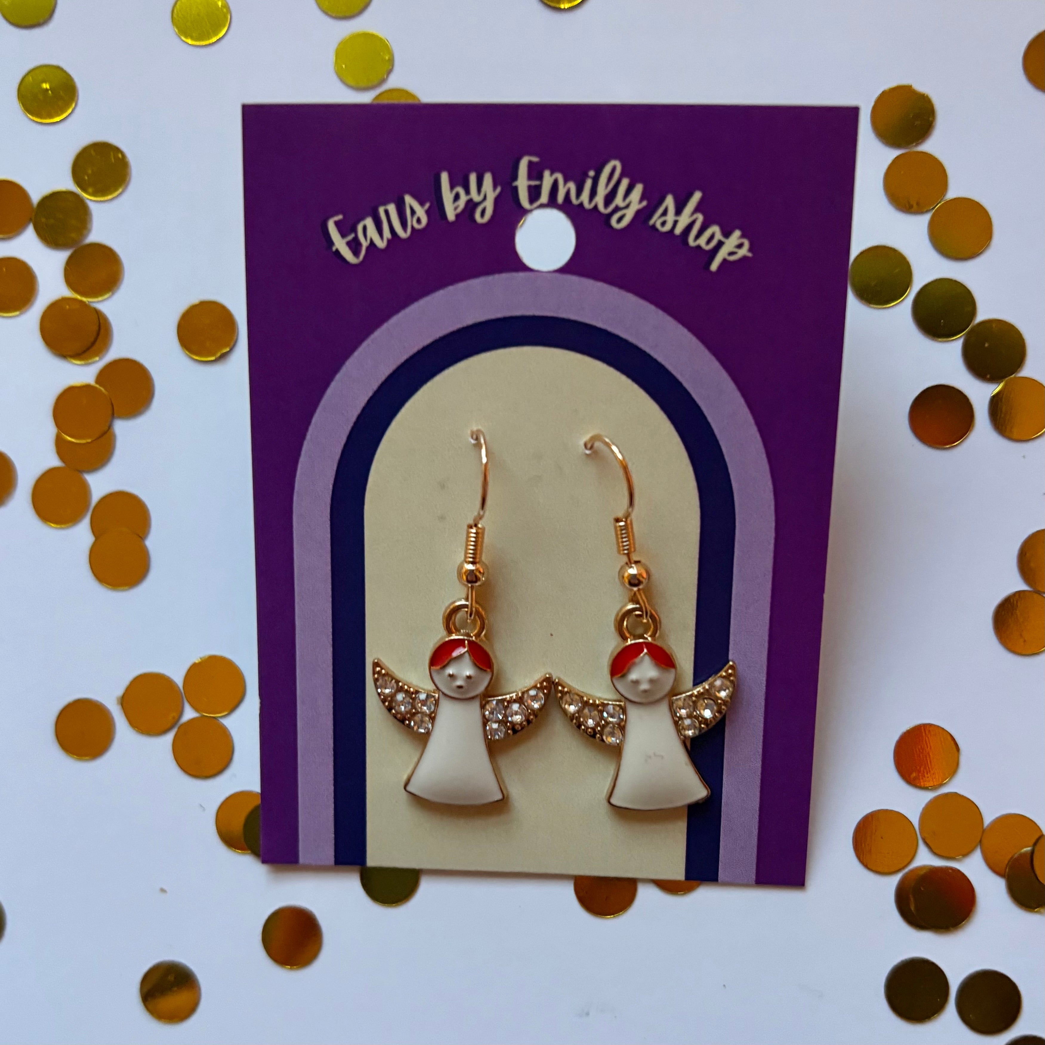 Gold and white Christmas angel sparkle dangle earrings on gold plated hooks