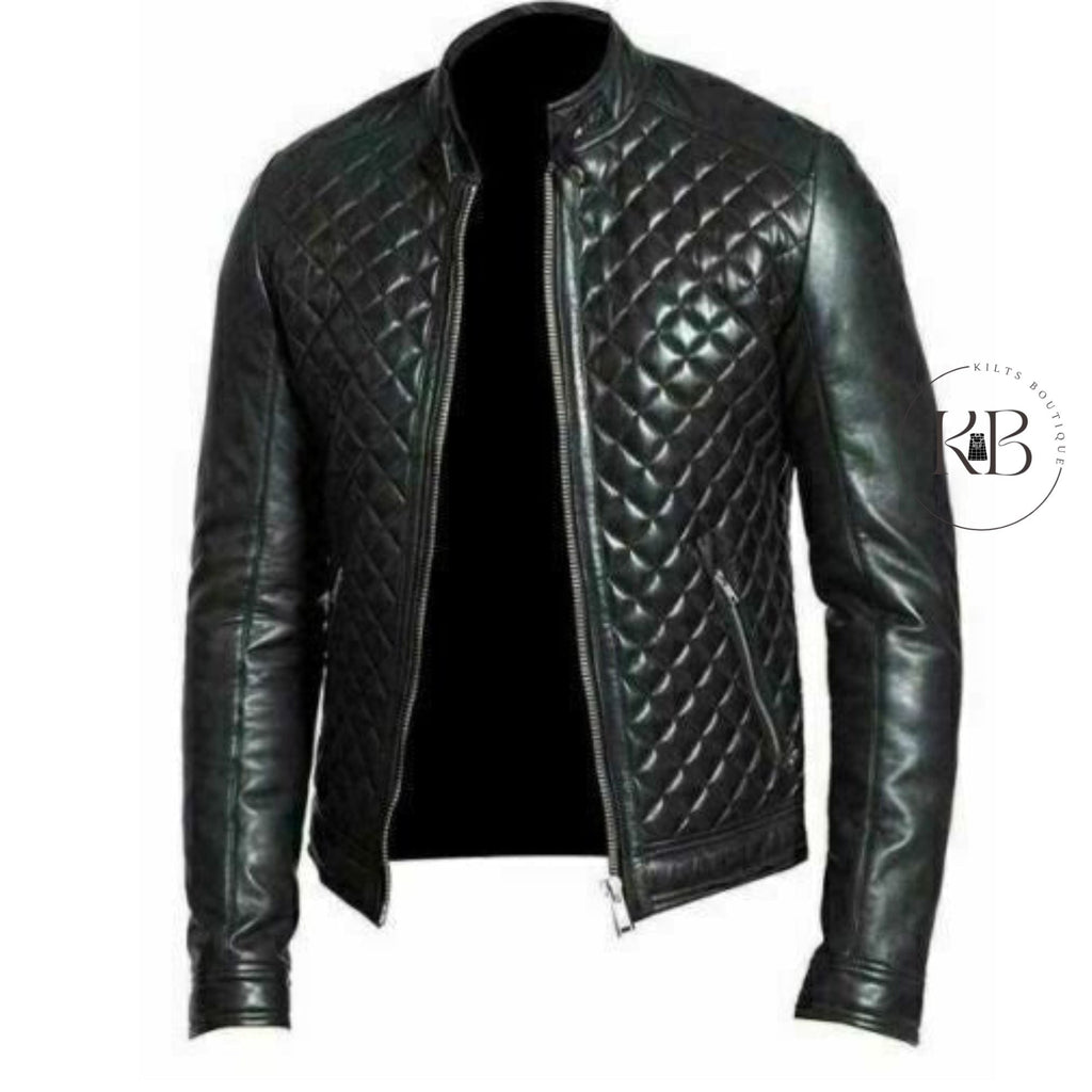 MEN'S BLACK REAL LEATHER RACER NECK QUILTED BIKER JACKET FOR MEN
