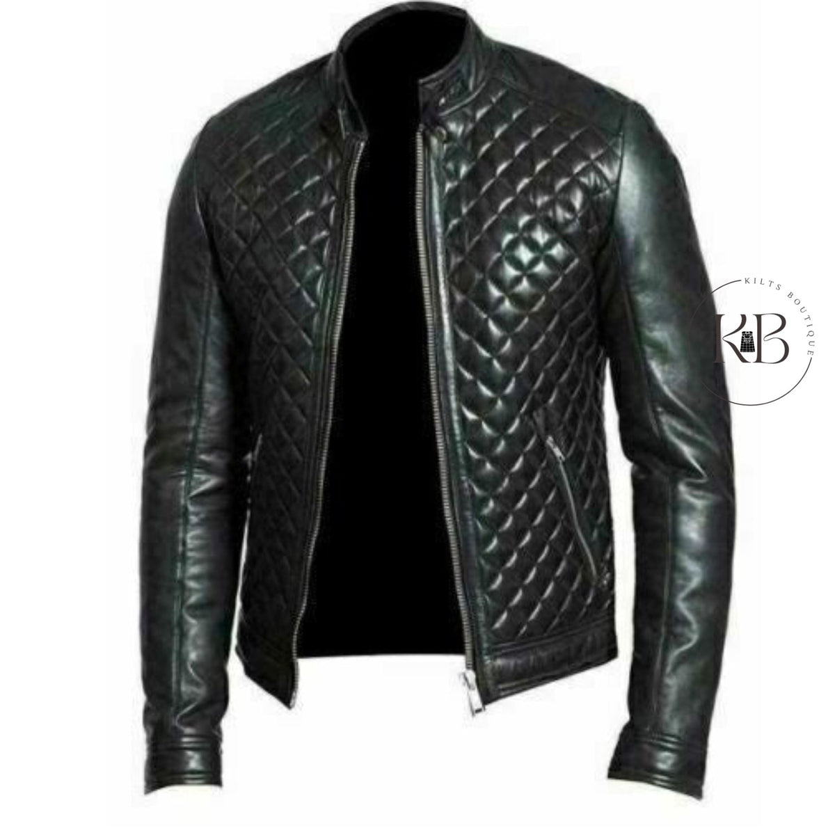 MEN'S BLACK REAL LEATHER RACER NECK QUILTED BIKER JACKET FOR MEN