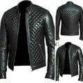 MEN'S BLACK REAL LEATHER RACER NECK QUILTED BIKER JACKET FOR MEN