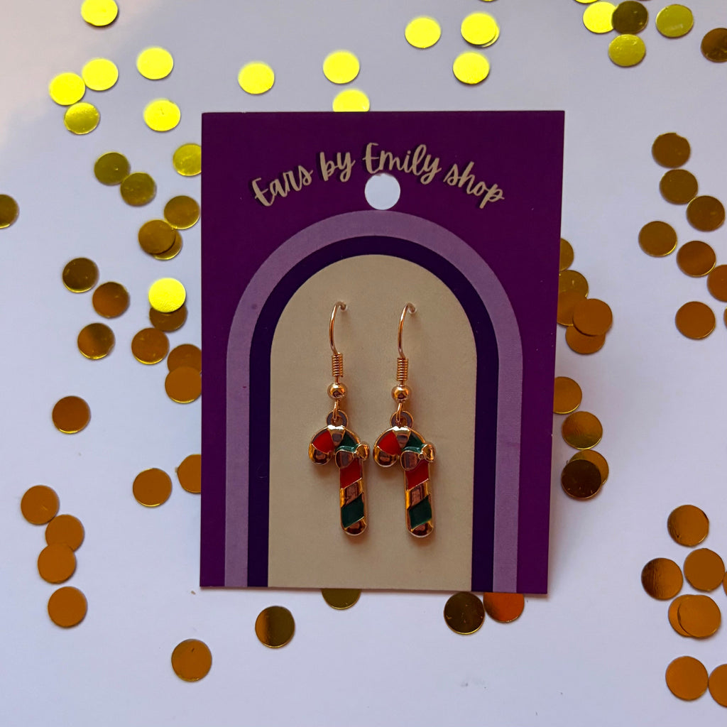 Green Christmas candy cane gold earrings