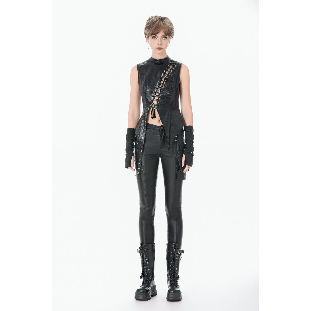 Dark in Love Punk Distressed Leather Lace-Up Top