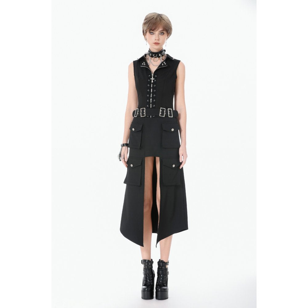 Dark in Love Punk Layered Pocket Cutout Belted Long Skirt