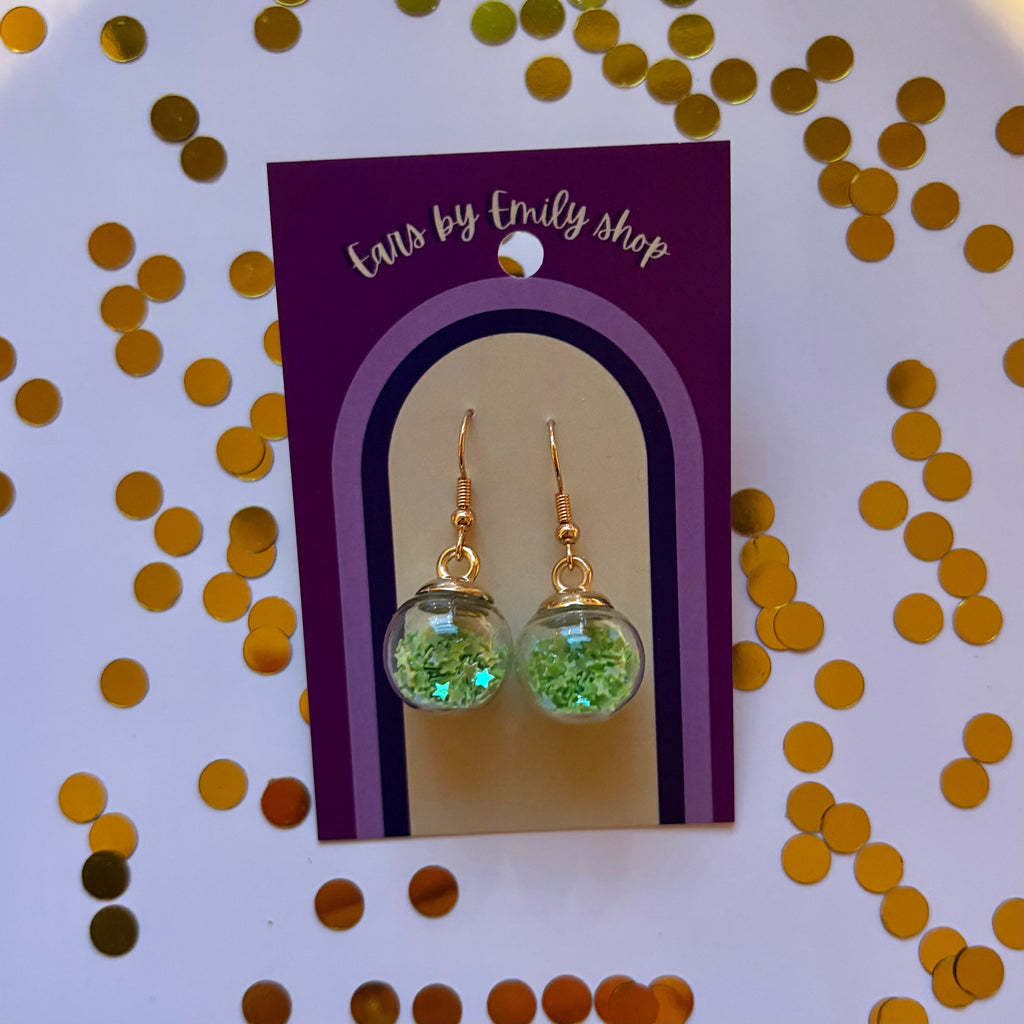 Green star sparkle bauble Christmas dangle earrings gold plated