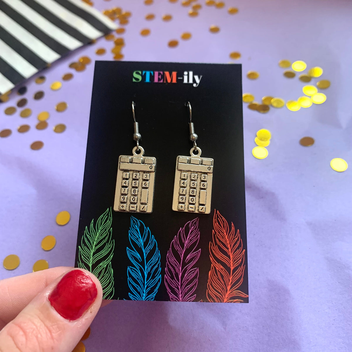 Silver calculator maths drop dangle earrings on hypoallergenic surgical steel hooks