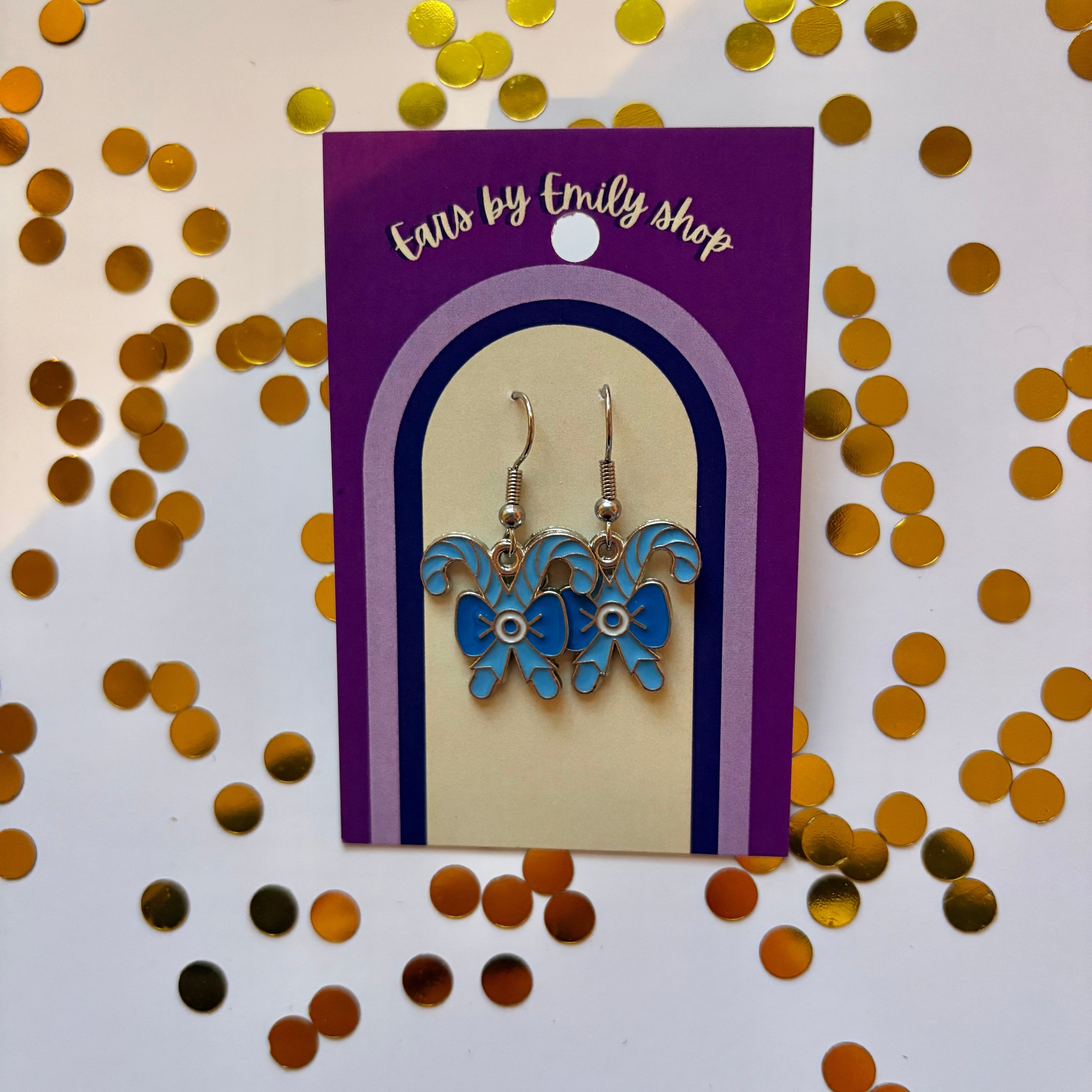 Blue Christmas candy cane gold earrings