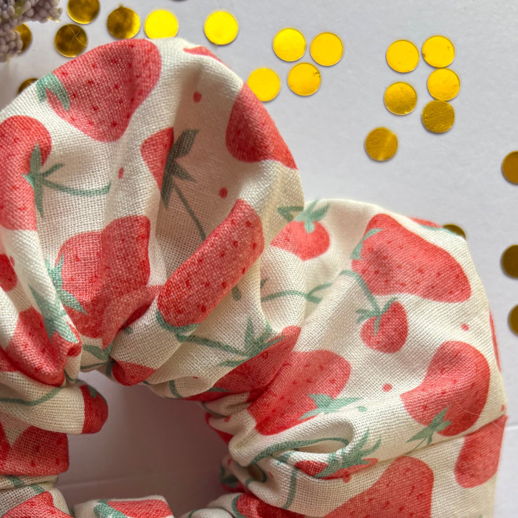 Handmade large white and red strawberry scrunchie