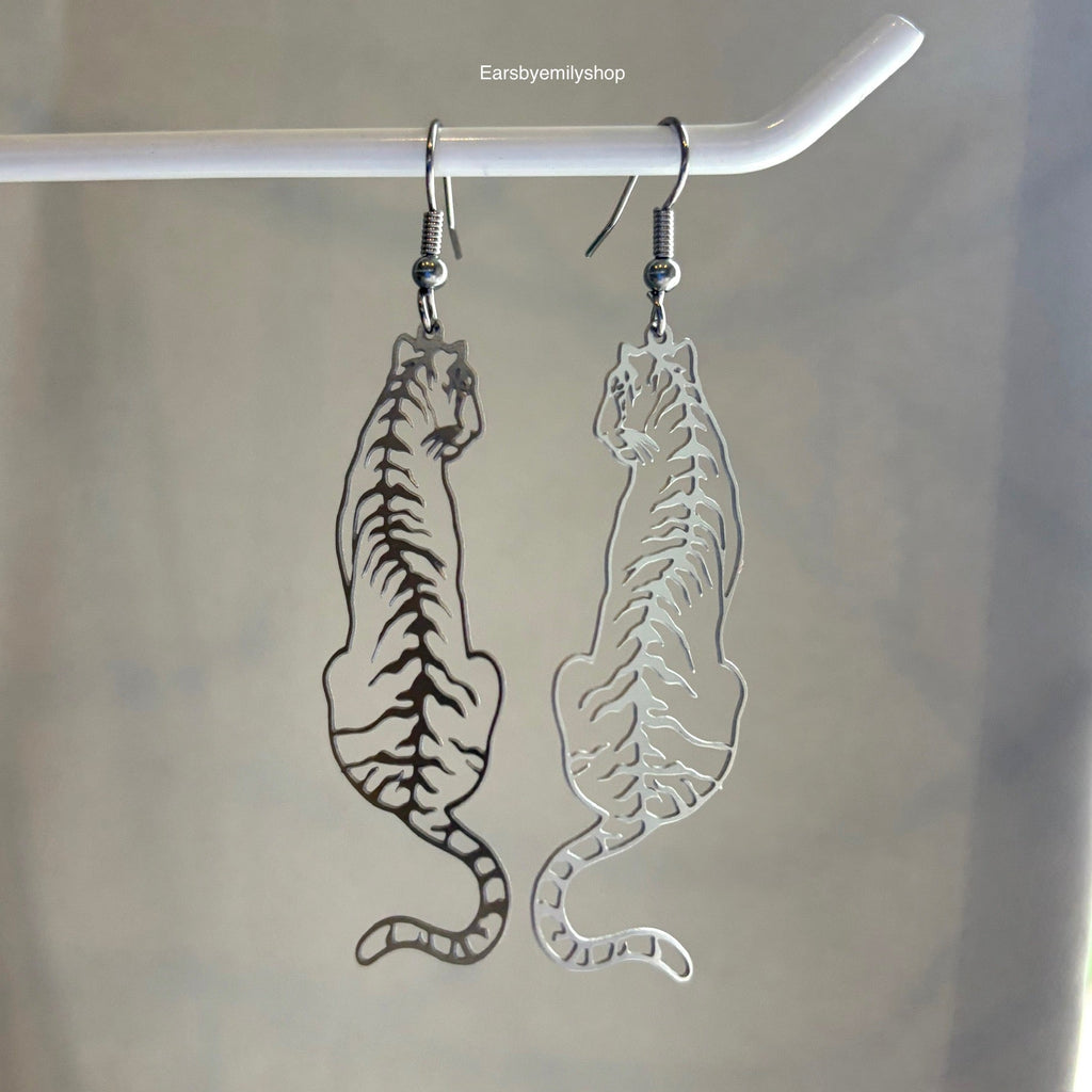 Big stainless steel silver tiger dangle earrings
