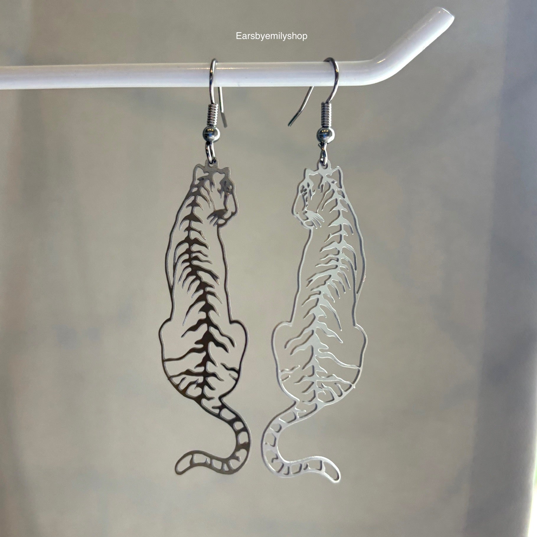 Big stainless steel silver tiger dangle earrings