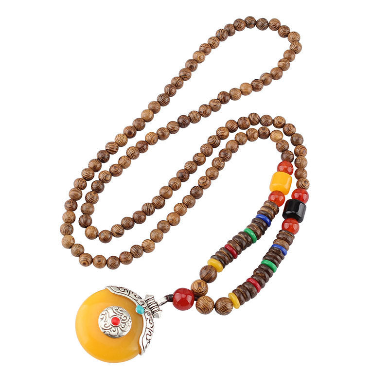 Men’s Ethnic Style Wooden Bead Sweater Chain Necklace