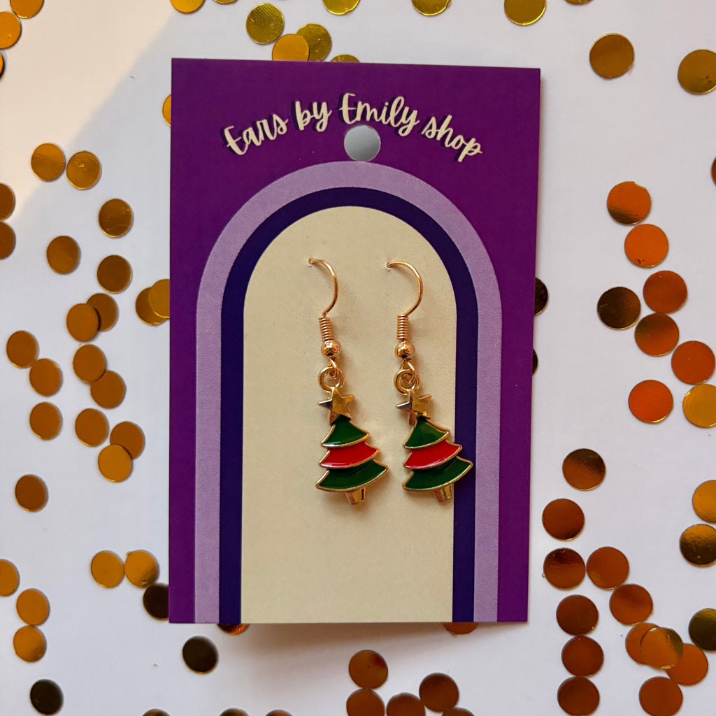 Green Christmas Tree gold earrings