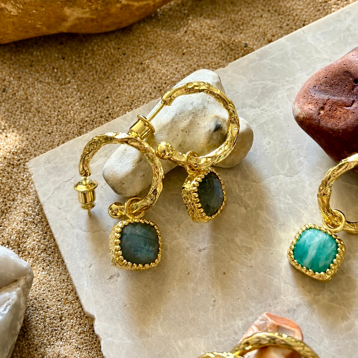 Tetra Square Gemstone Charm Hoops with Labradorite