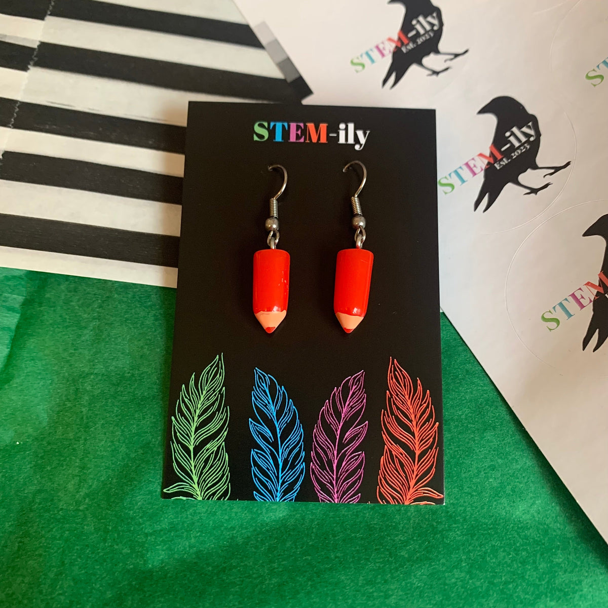 Cute miniature colourful quirky pencil stationary silver earrings on hypoallergenic surgical steel hooks