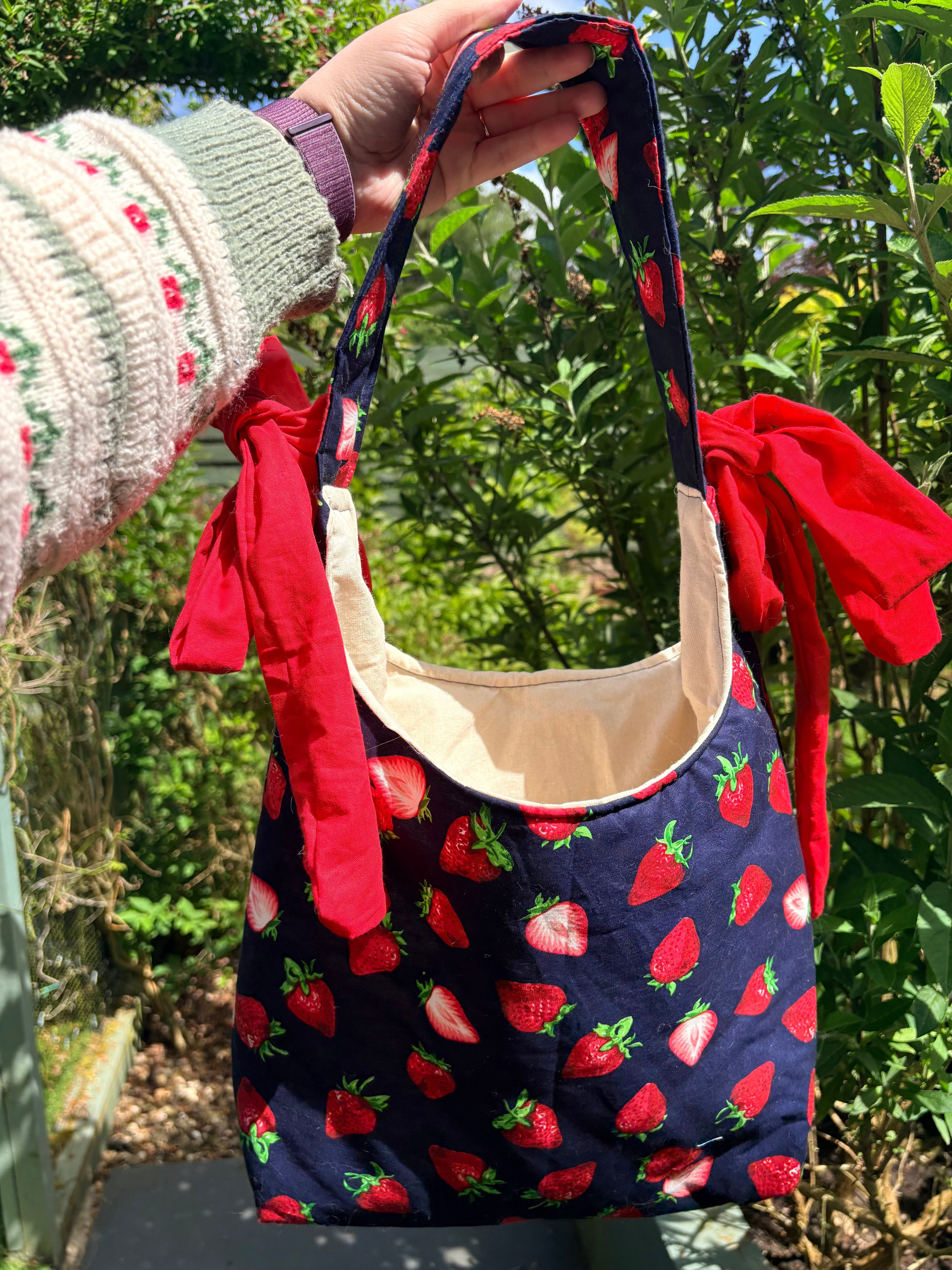 Handmade navy blue red strawberry coquette padded tote bag with bows