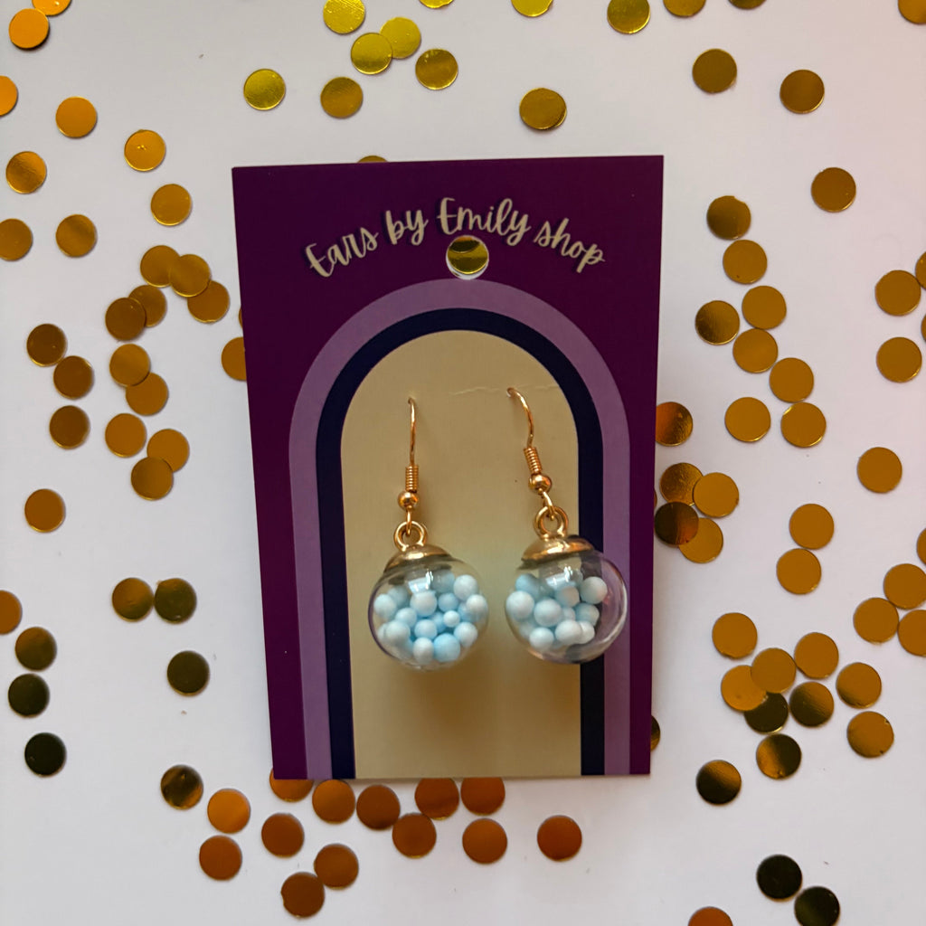 Blue ball bauble Christmas dangle earrings gold plated
