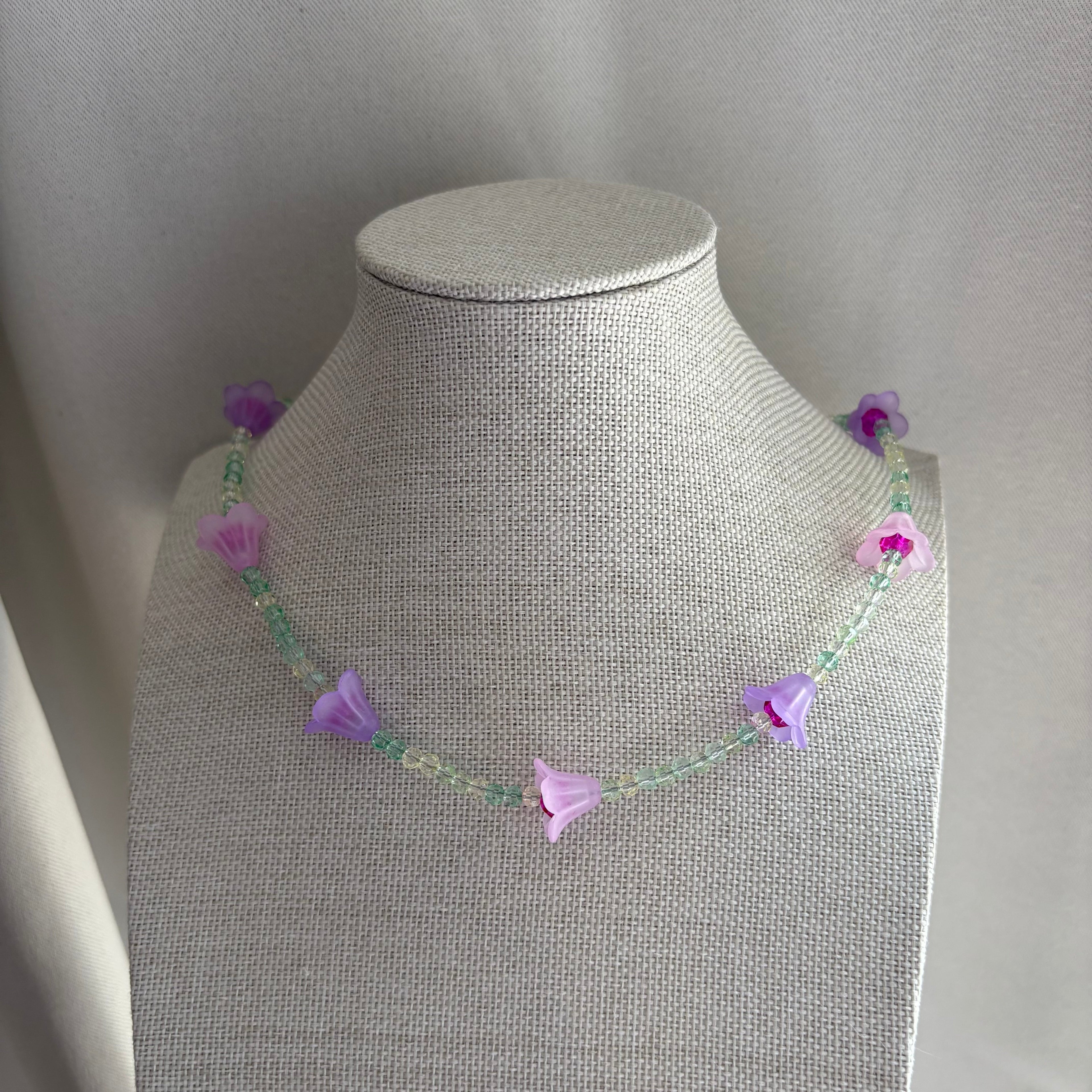 Handmade beaded pink purple and green flower choker necklace