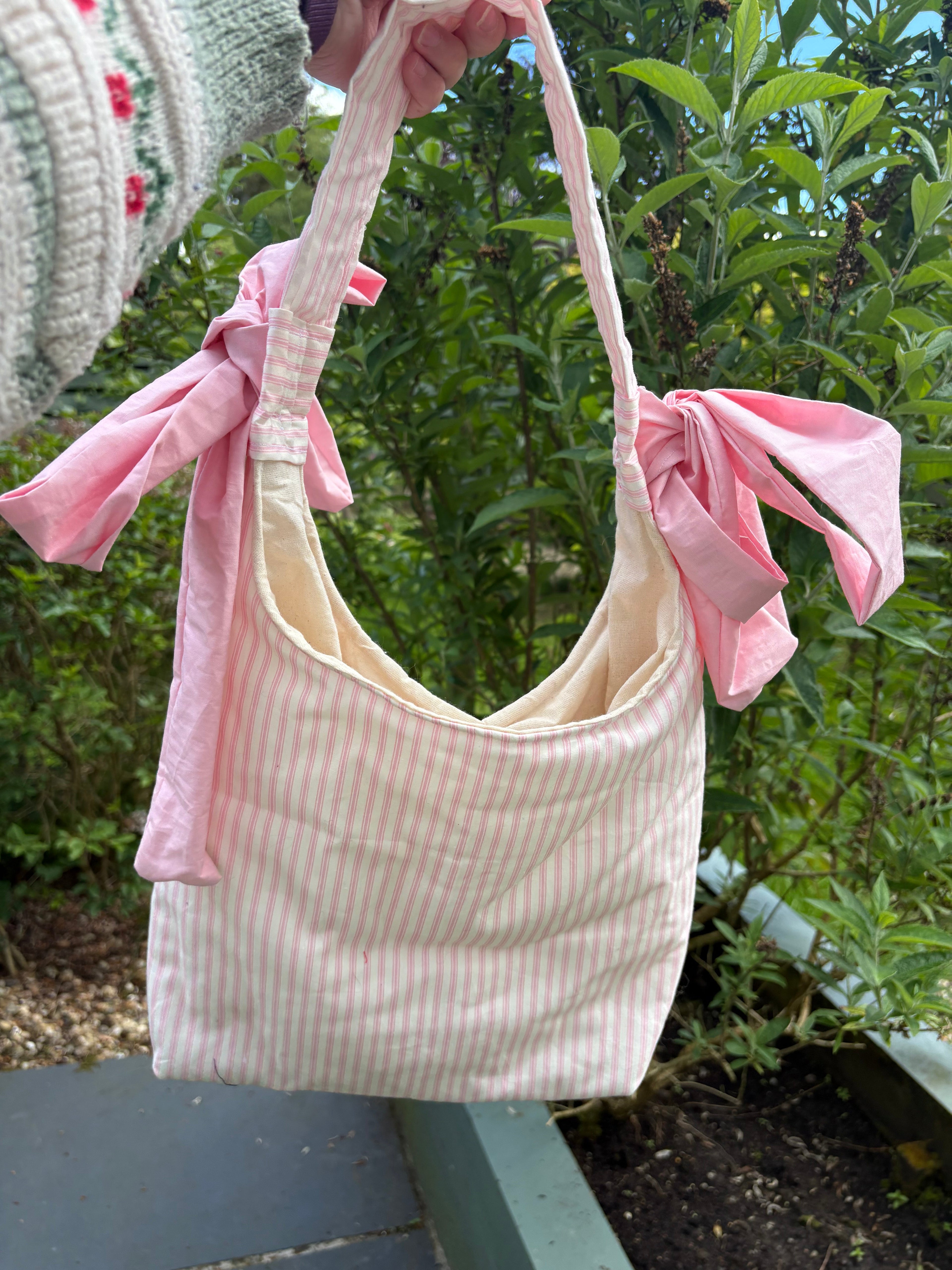 Handmade white and pink stripe coquette padded tote bag with bows