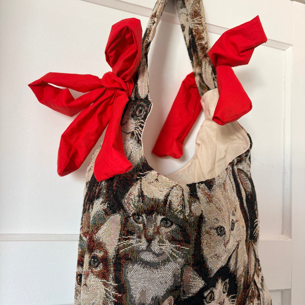 Handmade cool cat tapestry with red bow tote bag