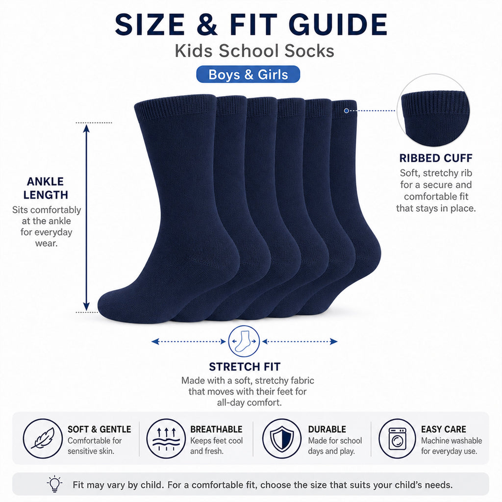 Sock Stack 6 Pairs Kids Cotton Rich School Socks Ankle Breathable Durable Uniform Unisex