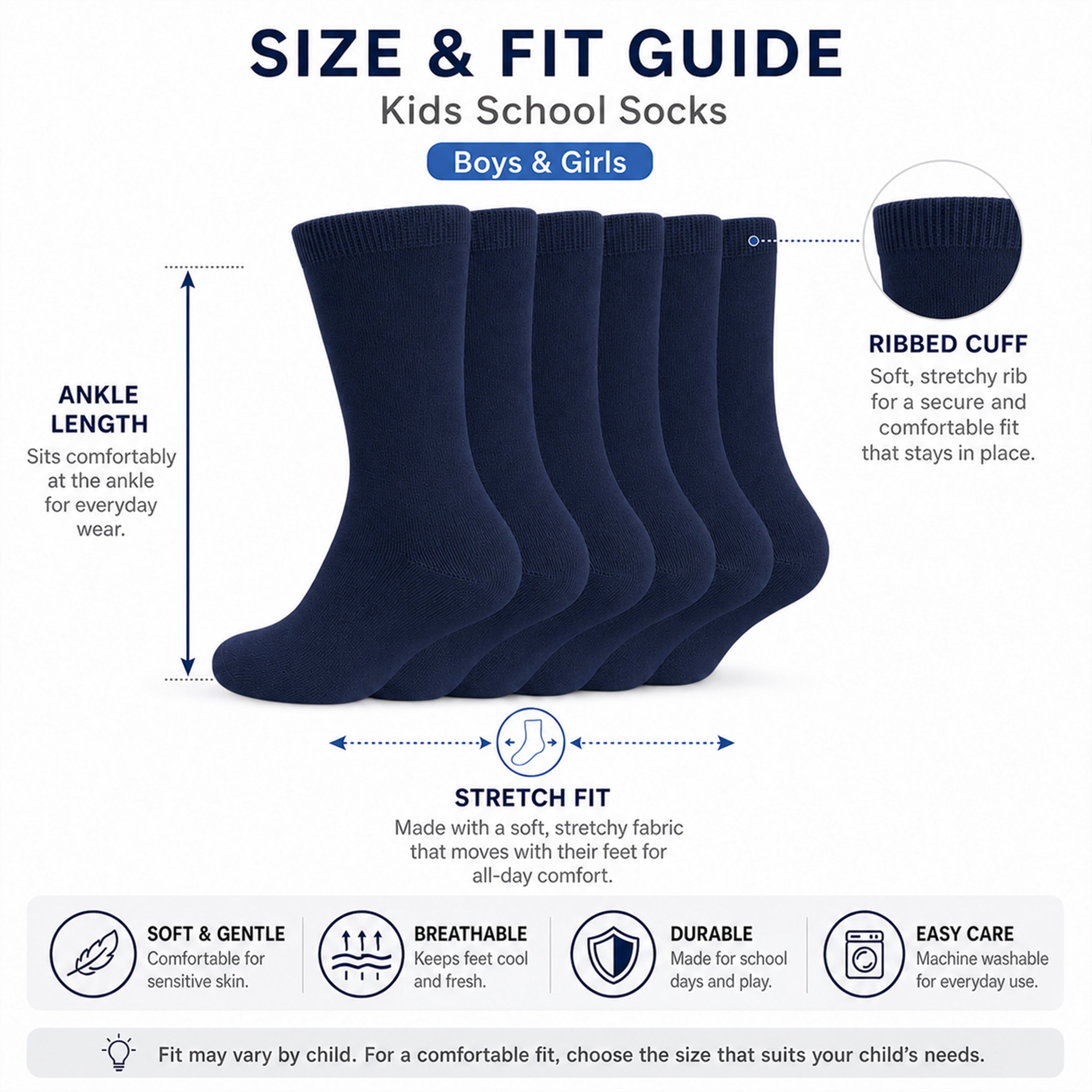 Sock Stack 6 Pairs Kids Cotton Rich School Socks Ankle Breathable Durable Uniform Unisex