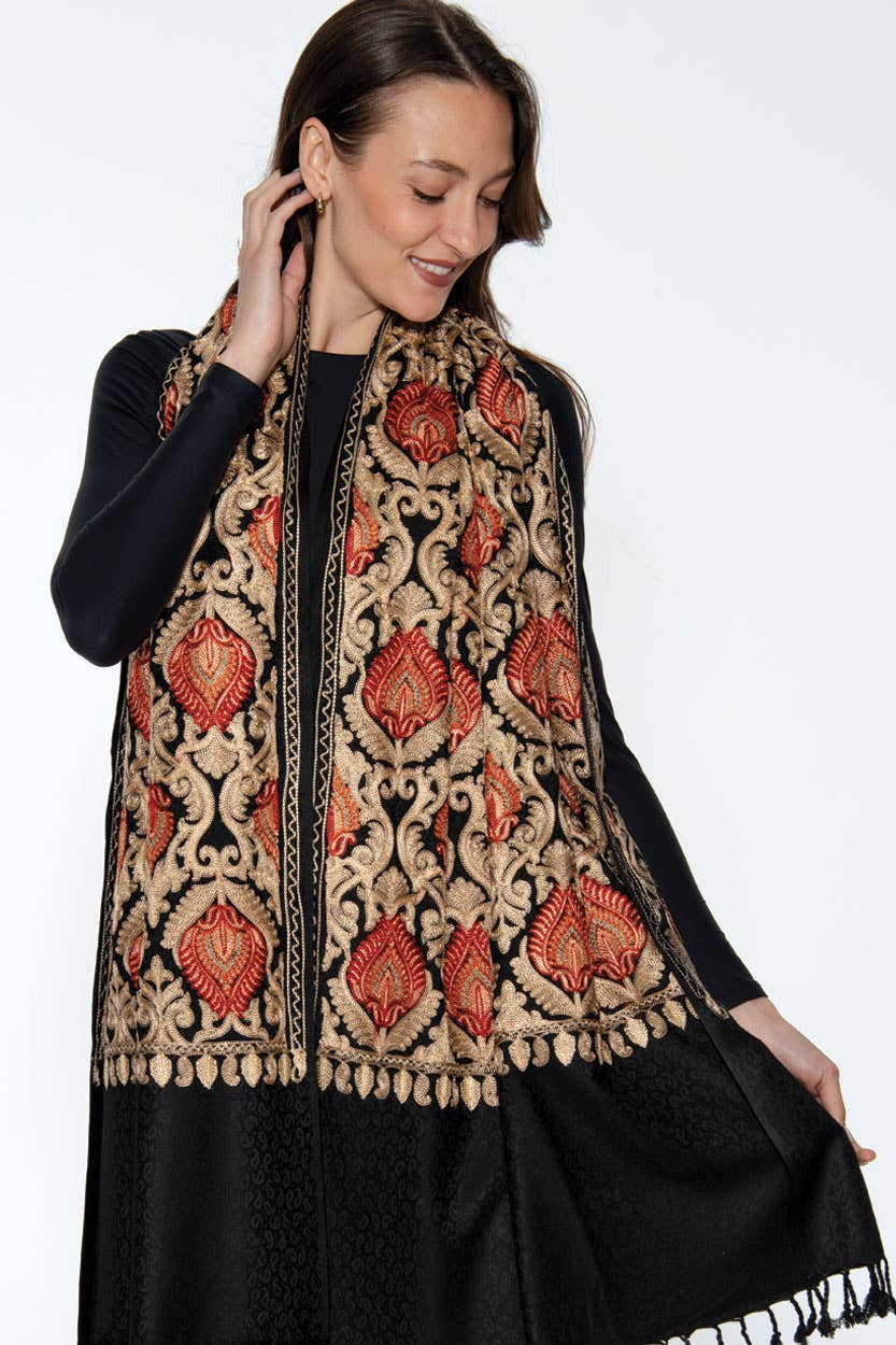 Mandira Embroidered Shawl – 100% Viscose Wool-Feel, Black with Red & Gold Paisley, 72"×28" | Kashmir-Inspired Winter Wrap/Stole