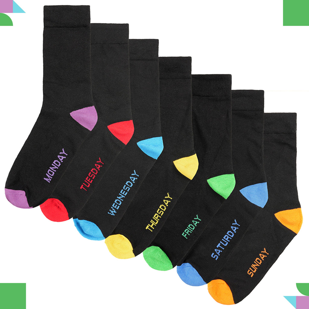 Sock Stack Days Of The Week Socks 7 Pack Cotton Rich Black With Multi colour Heel And Toe