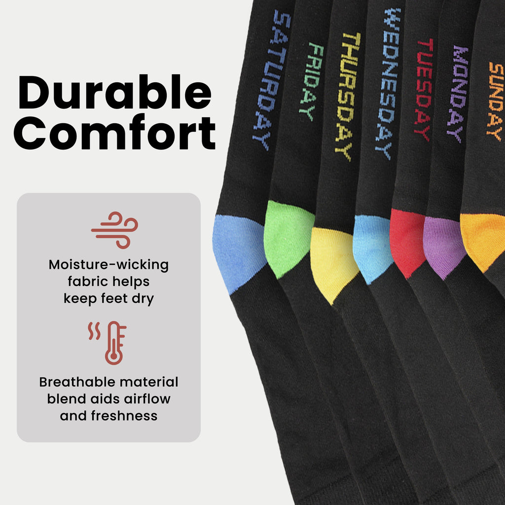 Sock Stack Days Of The Week Socks 7 Pack Cotton Rich Black With Multi colour Heel And Toe
