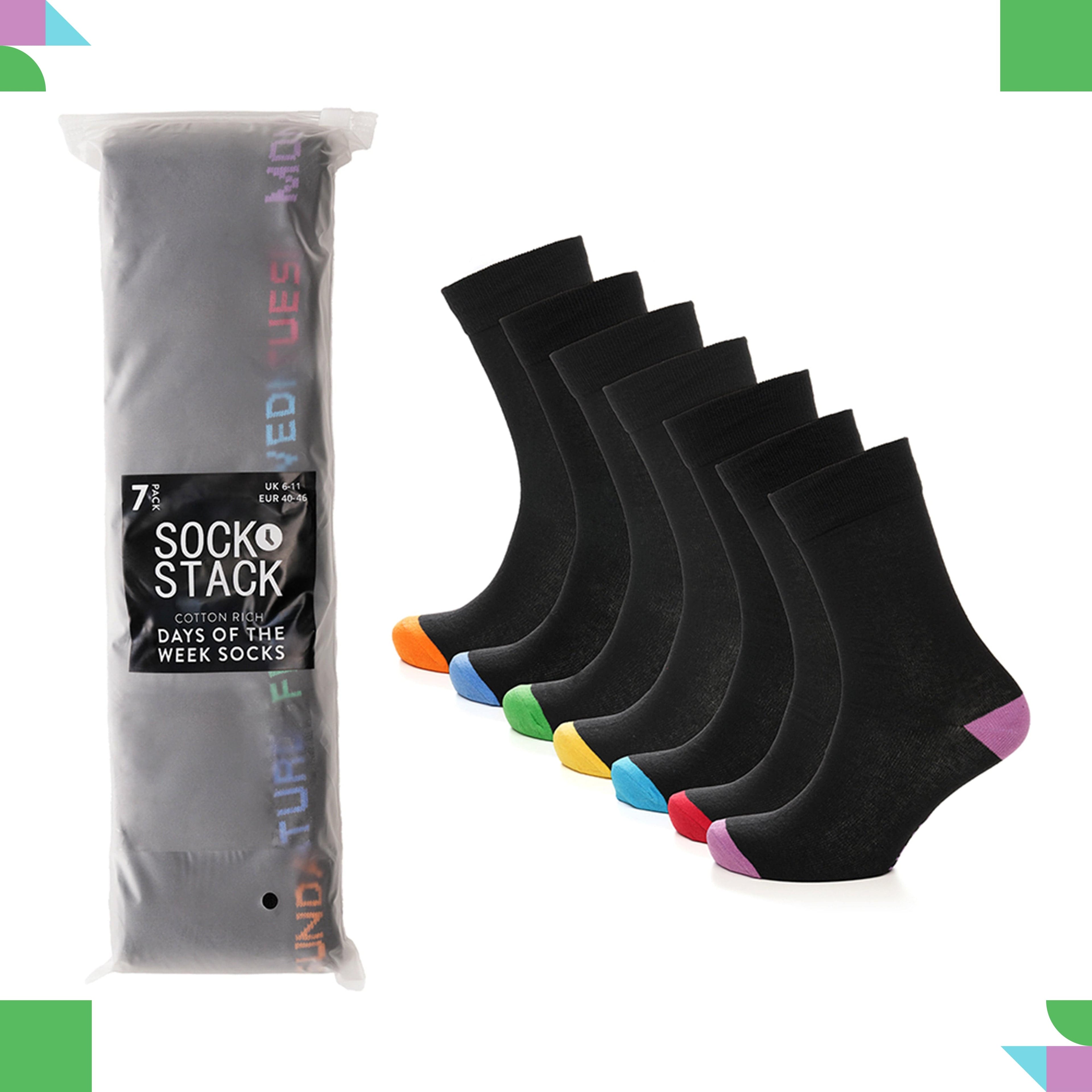 Sock Stack Days Of The Week Socks 7 Pack Cotton Rich Black With Multi colour Heel And Toe