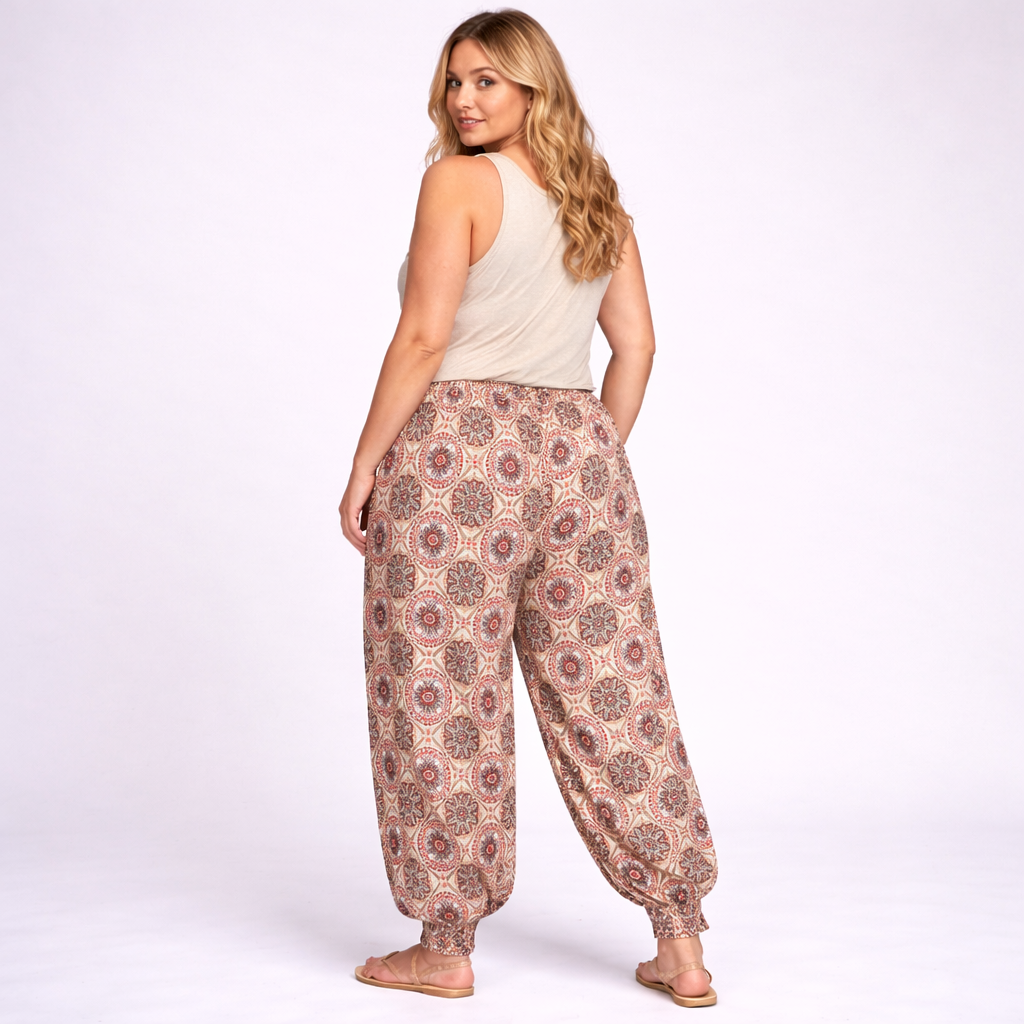 Stone Wine Tile Print High Waist Harem Pants