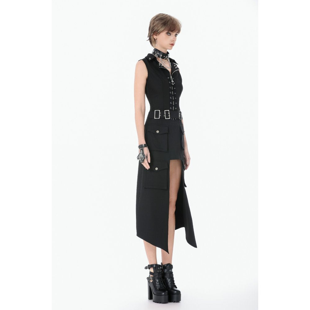 Dark in Love Punk Layered Pocket Cutout Belted Long Skirt