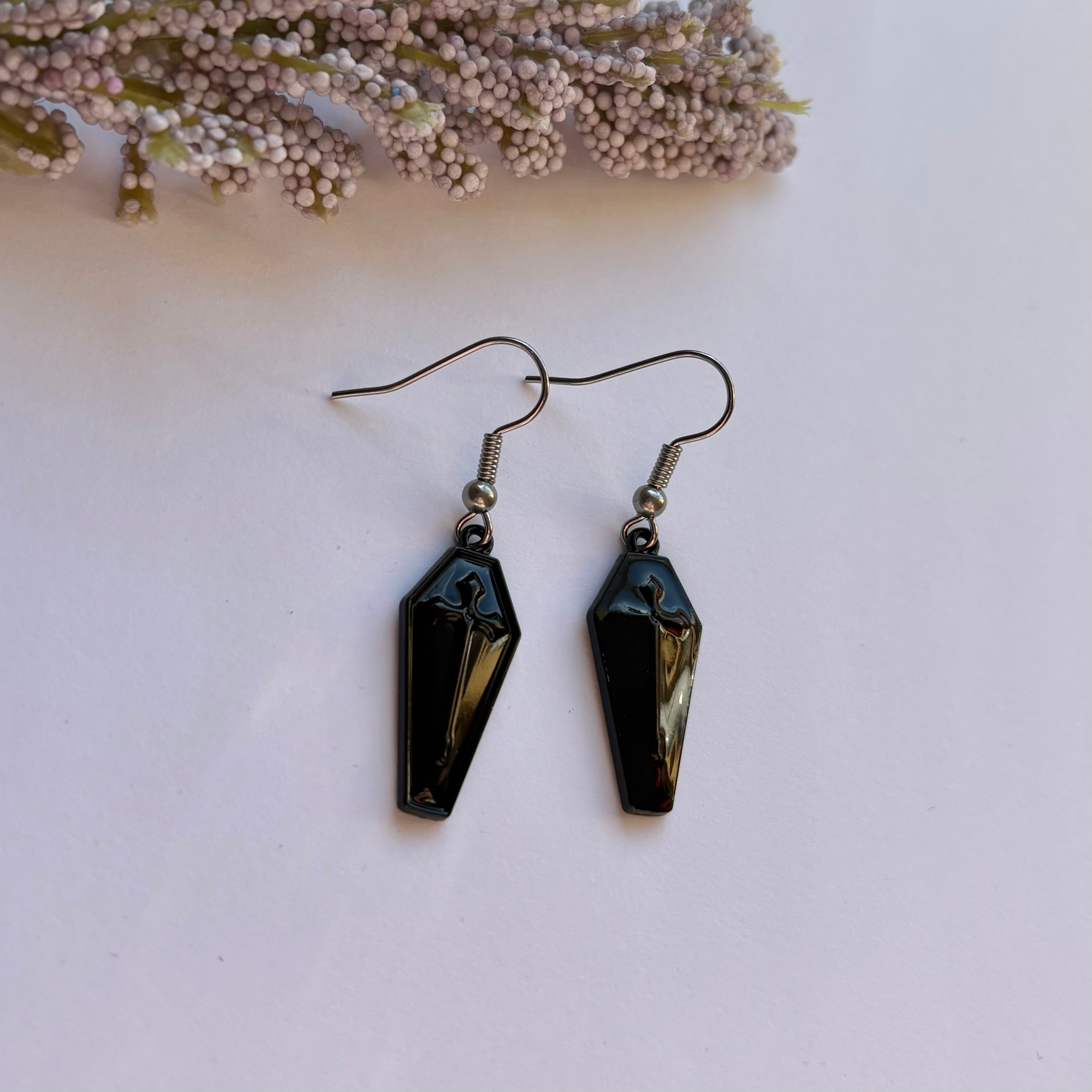 Gothic black silver coffin with cross halloween dangle earrings on surgical steel hooks