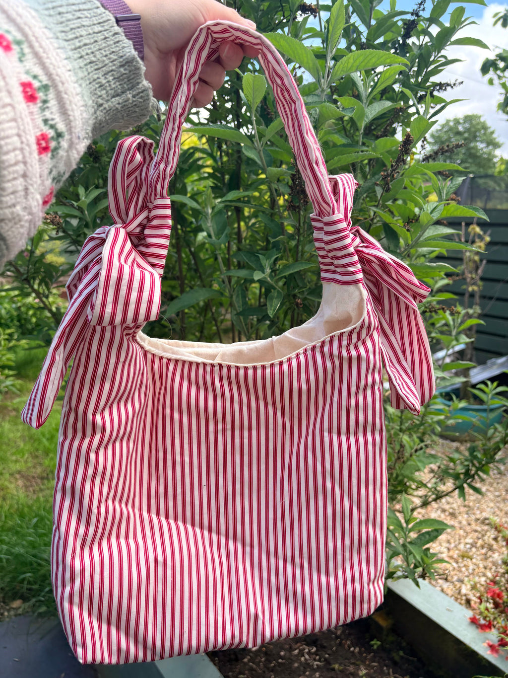 Handmade white and red stripe coquette padded tote bag with bows