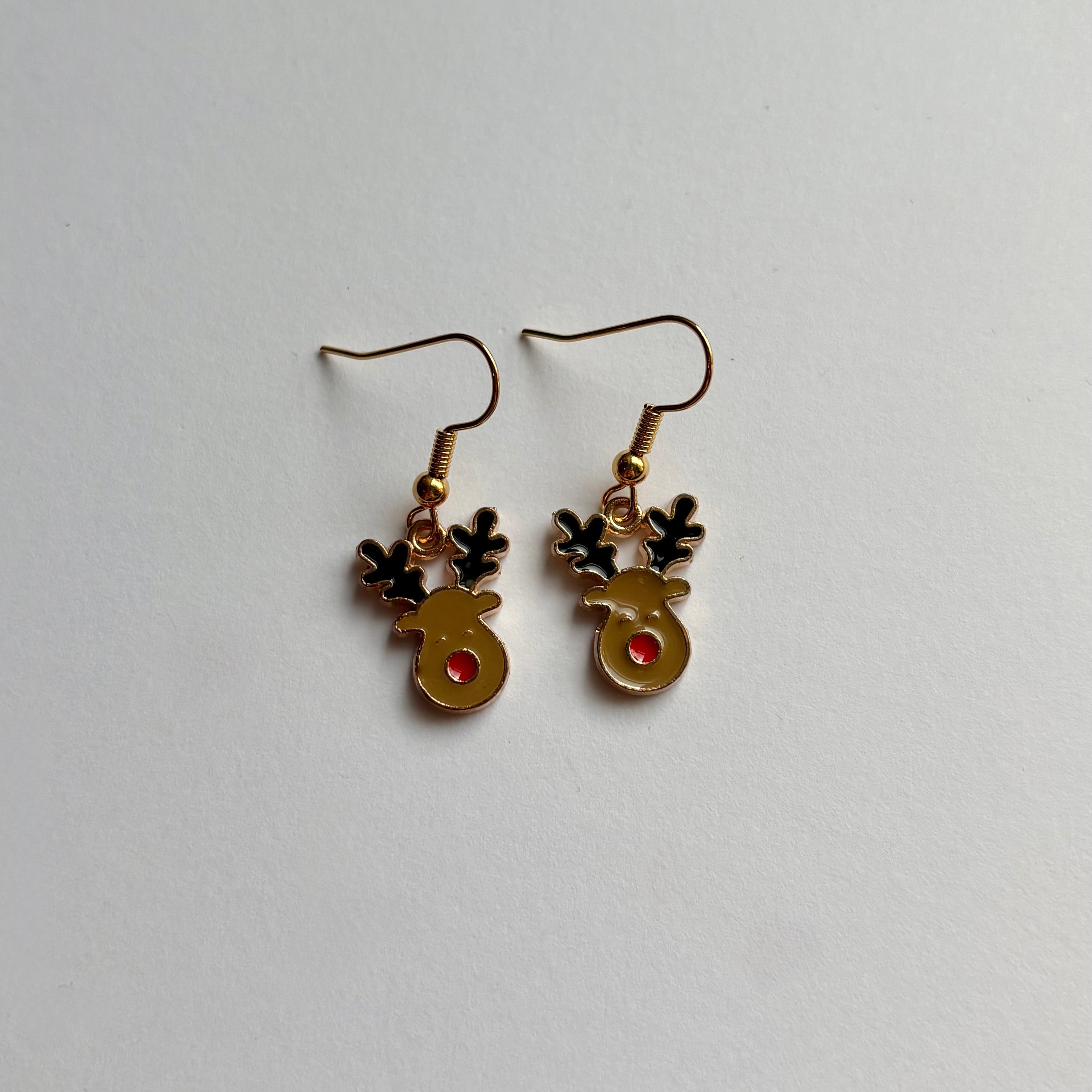 Brown reindeer gold dangle christmas earrings