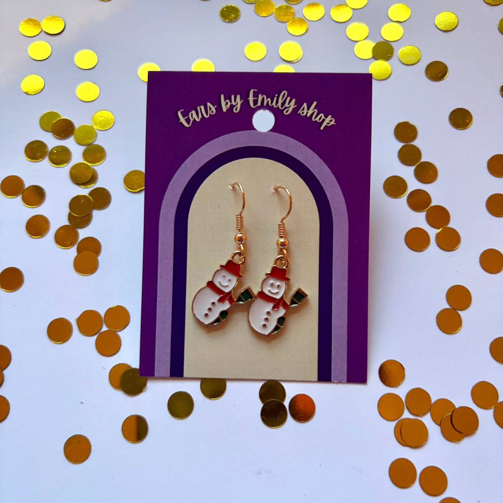 Gold and white Christmas angel snowman dangle earrings on gold plated hooks