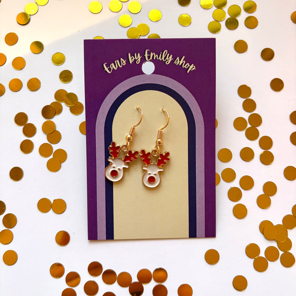 White and red reindeer gold dangle christmas earrings