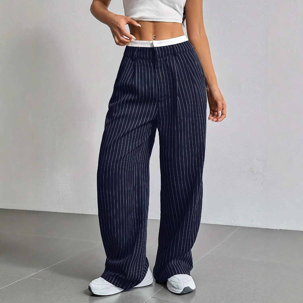 Women's High Waist Stripe Printed Straight-Leg Trousers – Casual Suit Pants with Zipper & Pockets