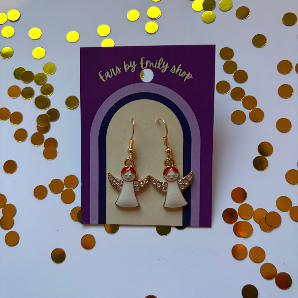 Gold and white Christmas angel sparkle dangle earrings on gold plated hooks