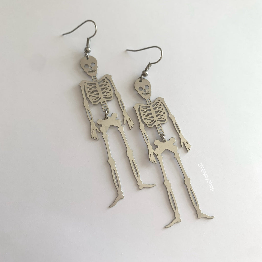Stainless steel anatomy skeleton moving silver earrings