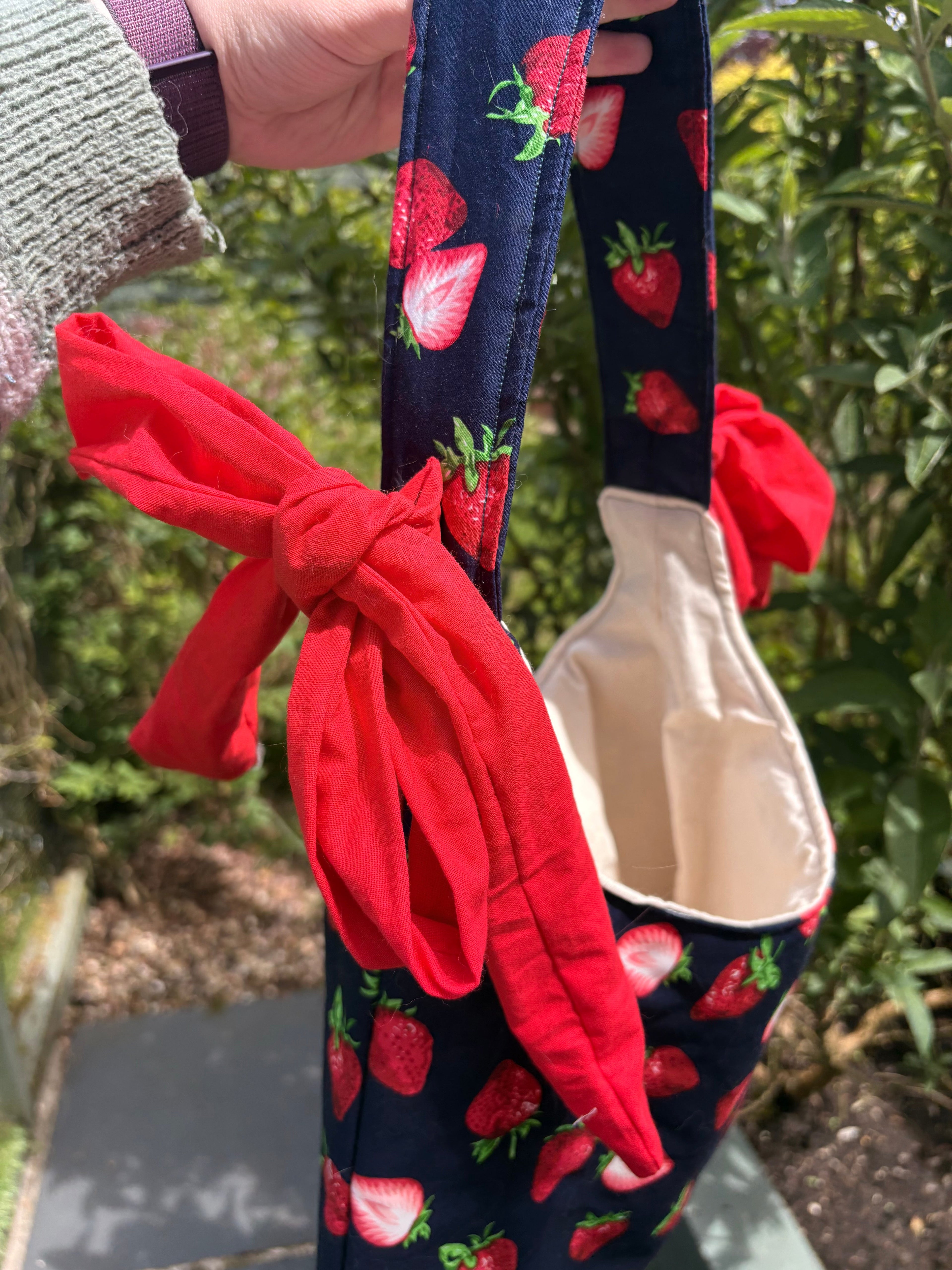 Handmade navy blue red strawberry coquette padded tote bag with bows