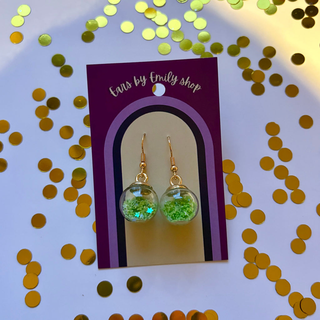 Green star sparkle bauble Christmas dangle earrings gold plated