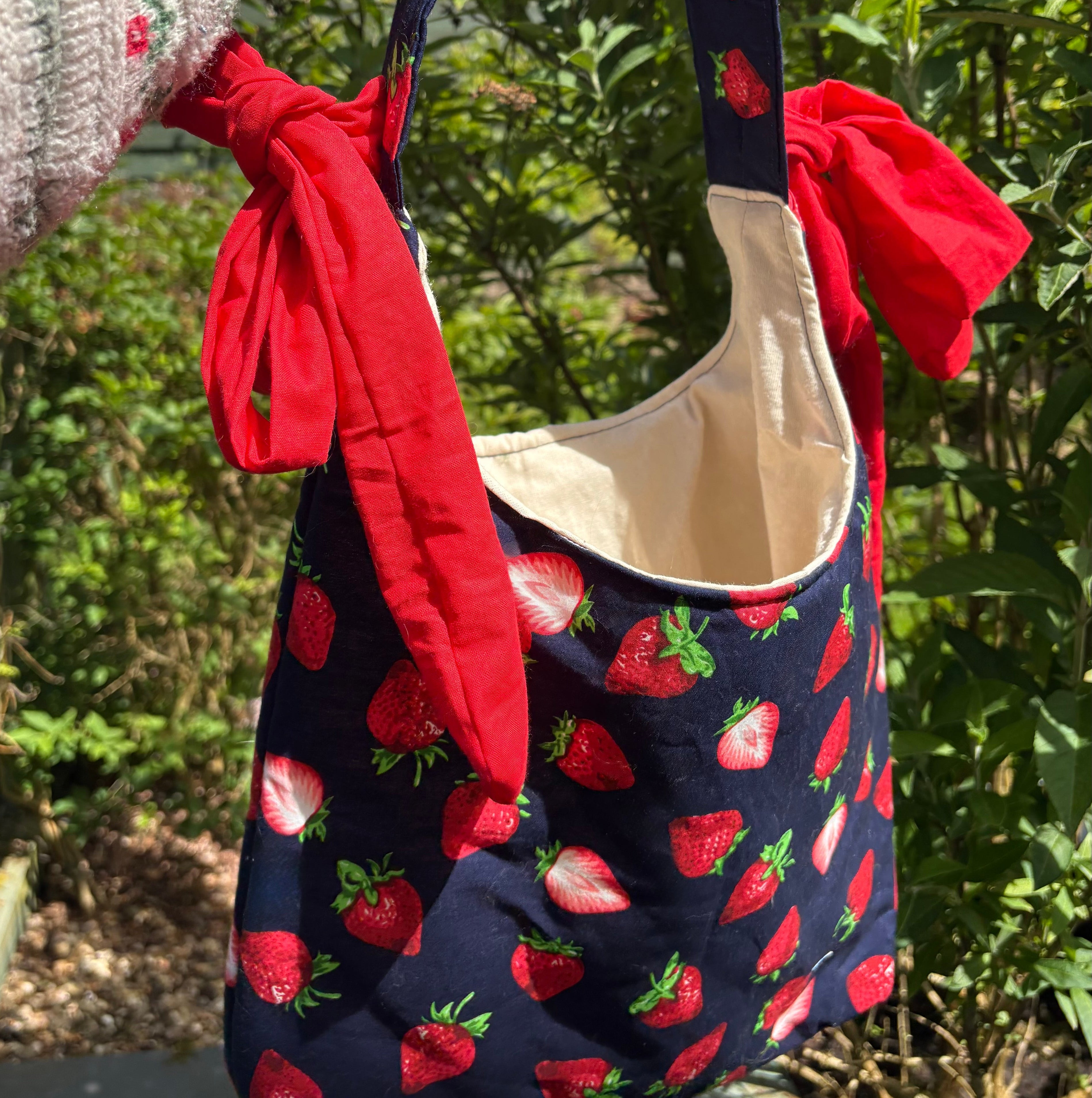 Handmade navy blue red strawberry coquette padded tote bag with bows