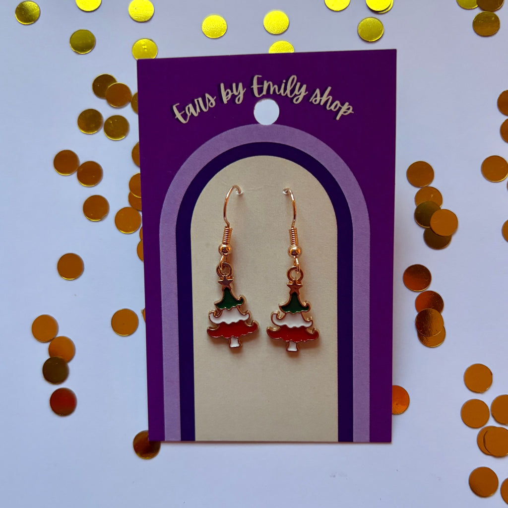 Green red white Christmas Tree gold earrings